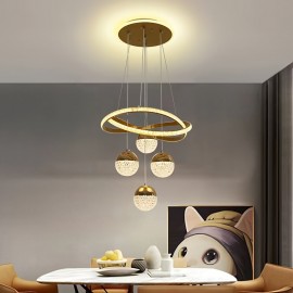 [4-Ball LED Pendant Light] Gorgeous, Elegant, High-End, Modern, Simple, Light Luxury, 4-Ball LED Base, Luminous Ring, Adjustable Suspension Line, Electroplating Process, Suitable for Living Room, Bedroom, Study, Corridor, Dining Room, Corridor, Bar, Pendant Light, Hanging Pendant Light, Indoor Pendant Light