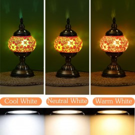 Handmade Moroccan Turkish Mosaic Table Lamp with - Glass Shade & Vintage Bronze Base - 3-Color Adjustable (/Green/Yellow) Arabic Lantern Light for Bedside, Living Room, Cafe - Bulb Included, Easy Assembly