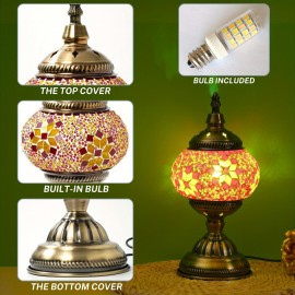 Handmade Moroccan Turkish Mosaic Table Lamp with - Glass Shade & Vintage Bronze Base - 3-Color Adjustable (/Green/Yellow) Arabic Lantern Light for Bedside, Living Room, Cafe - Bulb Included, Easy Assembly