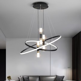 [Modern LED Chandelier] Modern Double Ring LED Chandelier | Adjustable Hanging Line, Three-Color Dimmable (Warm White/Cool Daylight/Neutral), Semi-Flush Mount or Pendant Lighting, Hardwired Ceiling Light for Dining Room, Living Room, Bedroom - Compatible with Standard Dimmer Switches