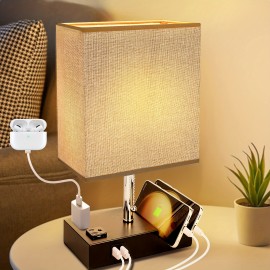 Modern 3-Color Temperature Table Lamp with Dual USB Ports & AC Outlet, Fabric Shade, Built-in Phone Stand, and LED Bulb – Perfect for Bedroom, Living Room, or Office