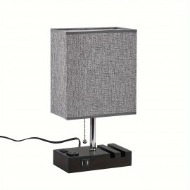 Modern 3-Color Temperature Table Lamp with Dual USB Ports & AC Outlet, Fabric Shade, Built-in Phone Stand, and LED Bulb – Perfect for Bedroom, Living Room, or Office