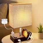 Modern 3-Color Temperature Table Lamp with Dual USB Ports & AC Outlet, Fabric Shade, Built-in Phone Stand, and LED Bulb – Perfect for Bedroom, Living Room, or Office