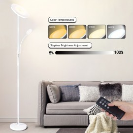 2-Way LED Floor Lamp with Remote & Touch Control, 27W/2300LM Main Light & 7W/350LM Reading Light, 4 Adjustable Color Temperatures (5000K-100% Brightness), Metal Standing Lamps for Home & Office