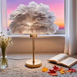 Gray Feather Artificial Table Lamp, Premium Gray Minimalist Warm Light Japanese Desk Lamp with Adjustable Brightness and Color Temperature for Multiple Scenes - USB Powered Bedside Romantic Home Ambiance Decor