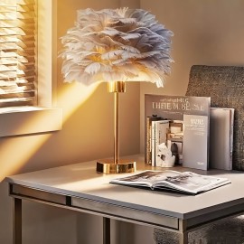 Gray Feather Artificial Table Lamp, Premium Gray Minimalist Warm Light Japanese Desk Lamp with Adjustable Brightness and Color Temperature for Multiple Scenes - USB Powered Bedside Romantic Home Ambiance Decor