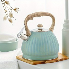 [Blue Pumpkin-Shaped Kettle] 3.5L Blue Pumpkin-Shaped Kettle with Ribbed Design, Stainless Steel, Compatible with Induction & Gas Stoves, Uniform Heating, Easy to Clean, Durable for Home, Bar, Milk Tea Shop Use