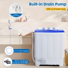 Portable Washing Machine, 28lbs Twin Tub with Drain Pump And Hose, 18lbs Wash 10lbs Spin Cycle, Compact Semi-Automatic Washer And Spinner Combo for Apartments, Dorms, RVs, Camping, Rv Appliance, Dorm Essentials, Lightweight Washer, Semiautomatic Machine, Reliable Performance, Drain Hose Included, Camping Enthusiasts, Rv Travelers