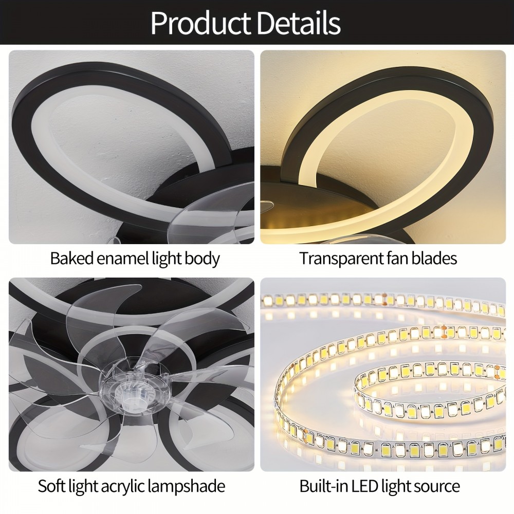 1pc, Remote Control LED Ceiling Fan with Light, Flower Shaped Ceiling Fan Light, 3 Light Colors, Dimmable Modern Low Profile Recessed Ceiling Fan Suitable for Kitchen, Bedroom, Commercial Lighting Suitable for Living Room