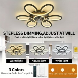 1pc, Remote Control LED Ceiling Fan with Light, Flower Shaped Ceiling Fan Light, 3 Light Colors, Dimmable Modern Low Profile Recessed Ceiling Fan Suitable for Kitchen, Bedroom, Commercial Lighting Suitable for Living Room