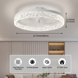 Thin Ceiling Fan with Light, 15.7-Inch Ceiling Fan with Light, Dimmable Embedded LED Fan, 3 Colors, 6-Speeds, Suitable for Bedroom, Living Room, Dining Room, Kitchen