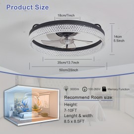 20 Inch Modern Low-Ceiling Fan with Light & Remote Control - 6-Speed Quiet Ceiling Fan, Dimmable Light (CRI >80), Wide Voltage (85-265V), Hardwired/Plug-in, Crystal-like Accent for Bedroom, Living Room