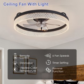 20 Inch Modern Low-Ceiling Fan with Light & Remote Control - 6-Speed Quiet Ceiling Fan, Dimmable Light (CRI >80), Wide Voltage (85-265V), Hardwired/Plug-in, Crystal-like Accent for Bedroom, Living Room