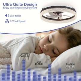 20 Inch Modern Low-Ceiling Fan with Light & Remote Control - 6-Speed Quiet Ceiling Fan, Dimmable Light (CRI >80), Wide Voltage (85-265V), Hardwired/Plug-in, Crystal-like Accent for Bedroom, Living Room