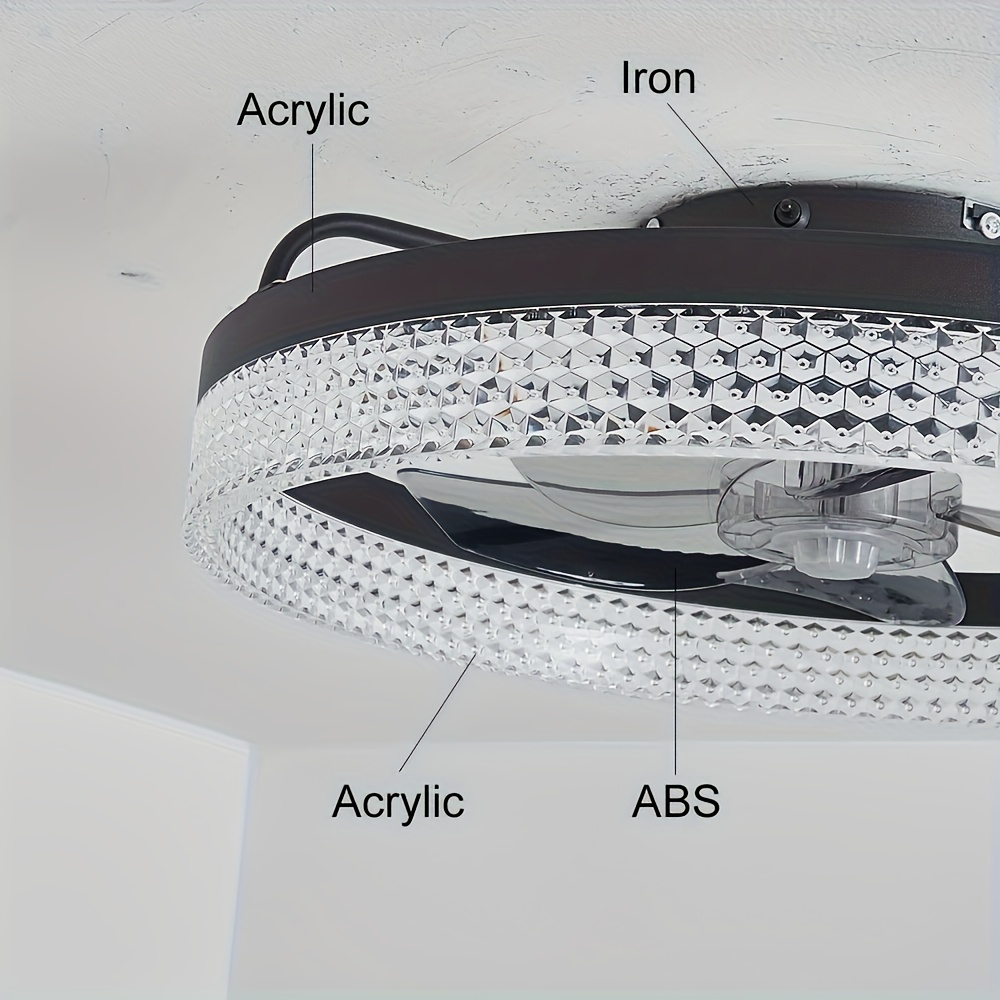 20 Inch Modern Low-Ceiling Fan with Light & Remote Control - 6-Speed Quiet Ceiling Fan, Dimmable Light (CRI >80), Wide Voltage (85-265V), Hardwired/Plug-in, Crystal-like Accent for Bedroom, Living Room