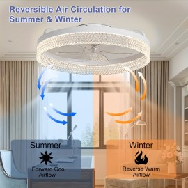 20 Inch Modern Low-Ceiling Fan with Light & Remote Control - 6-Speed Quiet Ceiling Fan, Dimmable Light (CRI >80), Wide Voltage (85-265V), Hardwired/Plug-in, Crystal-like Accent for Bedroom, Living Room