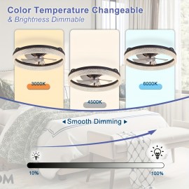 20 Inch Modern Low-Ceiling Fan with Light & Remote Control - 6-Speed Quiet Ceiling Fan, Dimmable Light (CRI >80), Wide Voltage (85-265V), Hardwired/Plug-in, Crystal-like Accent for Bedroom, Living Room