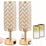 2 Golden Crystal Desk Lamps with Touch Dimmable Table Lights, USB-A+C and Single AC Two-Prong Plug, Suitable for Office, Living Room, Bedroom, with Bulb