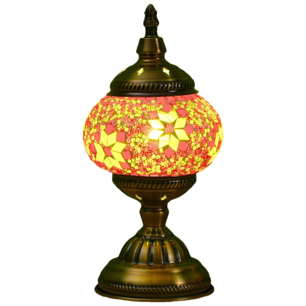 Handmade Moroccan Turkish Mosaic Table Lamp with - Glass Shade & Vintage Bronze Base - 3-Color Adjustable (/Green/Yellow) Arabic Lantern Light for Bedside, Living Room, Cafe - Bulb Included, Easy Assembly