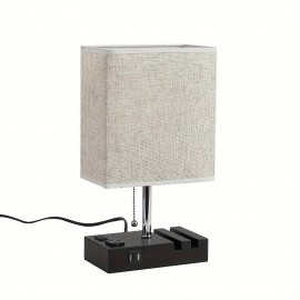 Modern 3-Color Temperature Table Lamp with Dual USB Ports & AC Outlet, Fabric Shade, Built-in Phone Stand, and LED Bulb – Perfect for Bedroom, Living Room, or Office