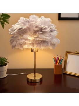 Gray Feather Artificial Table Lamp, Premium Gray Minimalist Warm Light Japanese Desk Lamp with Adjustable Brightness and Color Temperature for Multiple Scenes - USB Powered Bedside Romantic Home Ambiance Decor