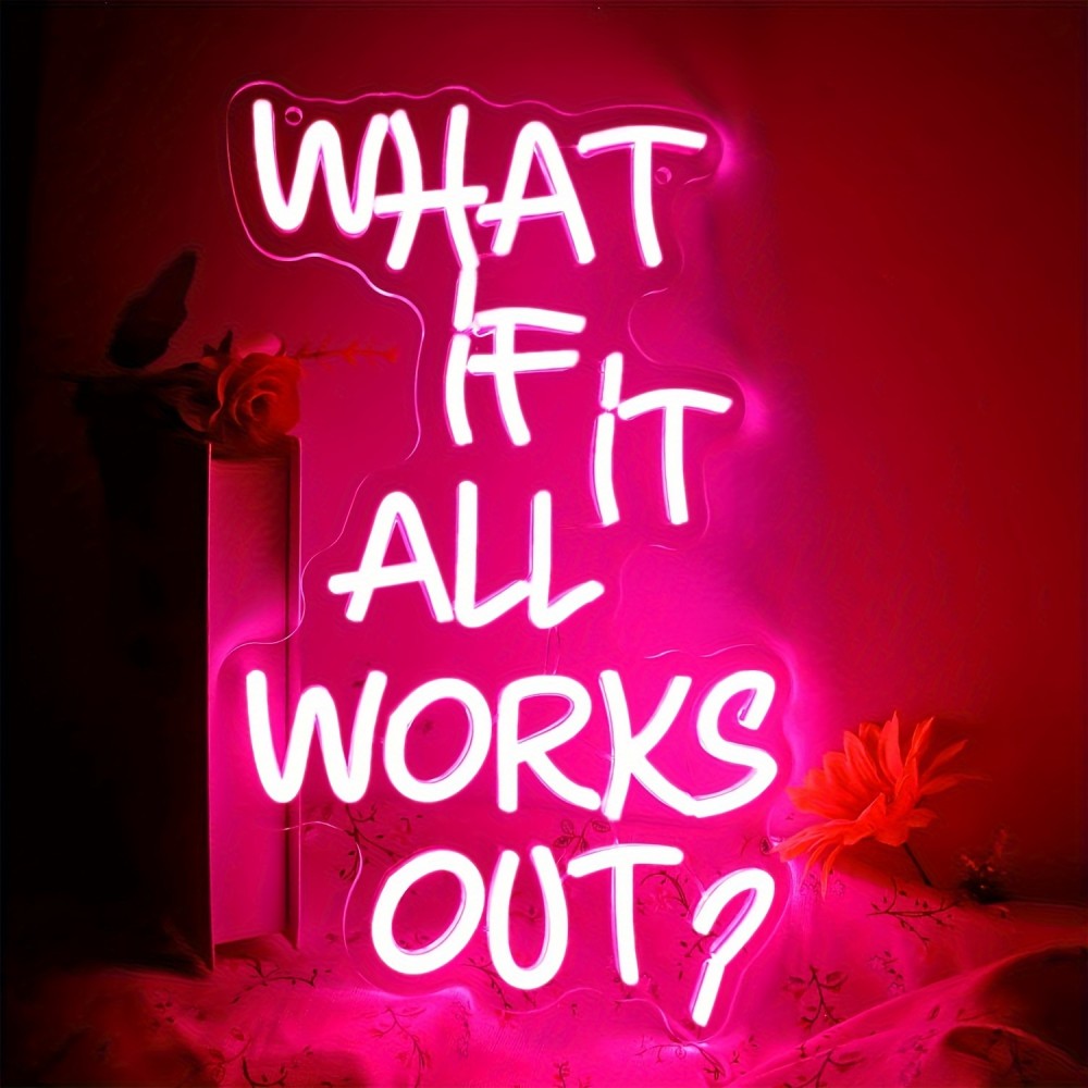 What If It All Works Out? Pink LED Neon Sign - USB Powered Wall Decor for Bedroom, Office, Bar, or Game Room - Adjustable Brightness, Aesthetic Room Lighting with White Lettering on Red Background, Office Ambient Lighting | Playful Wall Art | USB Powered Sign, Neon Signs for Wall Decor