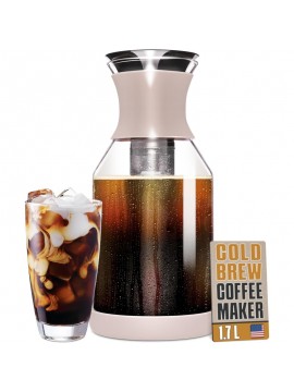 Cold Brew Coffee Maker and Glass Pitcher with Lid - 1.7 L Infused Iced Coffee Maker with Filter - Beige Perfect Iced Tea Pitcher and Glass Water Pitcher