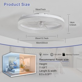 20 Inch Modern Low-Ceiling Fan with Light & Remote Control - 6-Speed Quiet Ceiling Fan, Dimmable Light (CRI >80), Wide Voltage (85-265V), Hardwired/Plug-in, Crystal-like Accent for Bedroom, Living Room